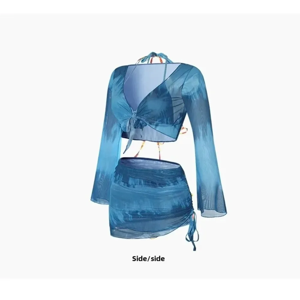 Sexy Tie Dye Mesh 4 Piece Bikini Set Sheer Mesh Bodycon Ruched Beach Bathing Suit Flared Long Sleeve Swimwear Set Summer