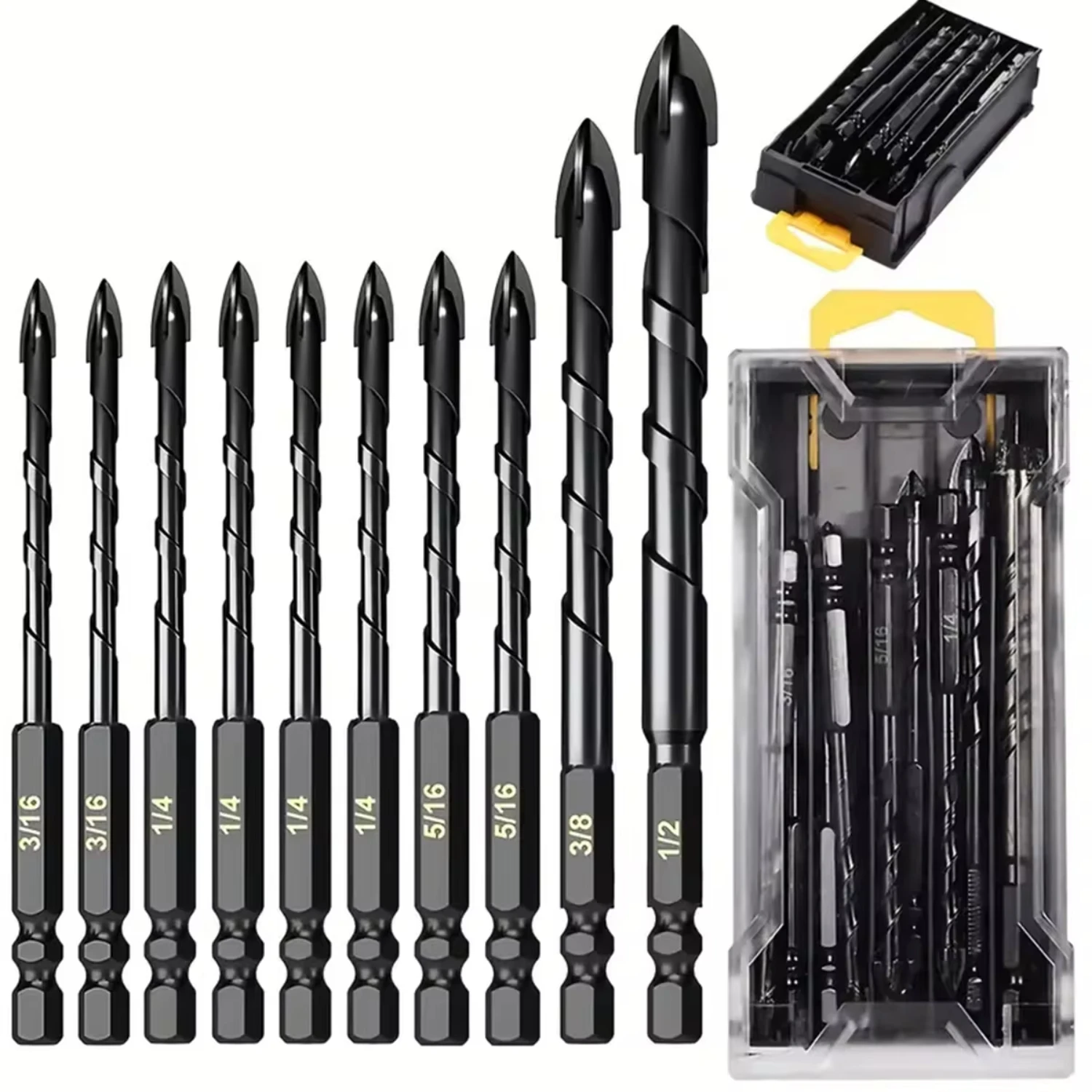 Masonry Concrete Drill Bit Set - Tungsten Carbide Tip for Tile, Brick, Glass, Plastic, Wood - 10 Pcs