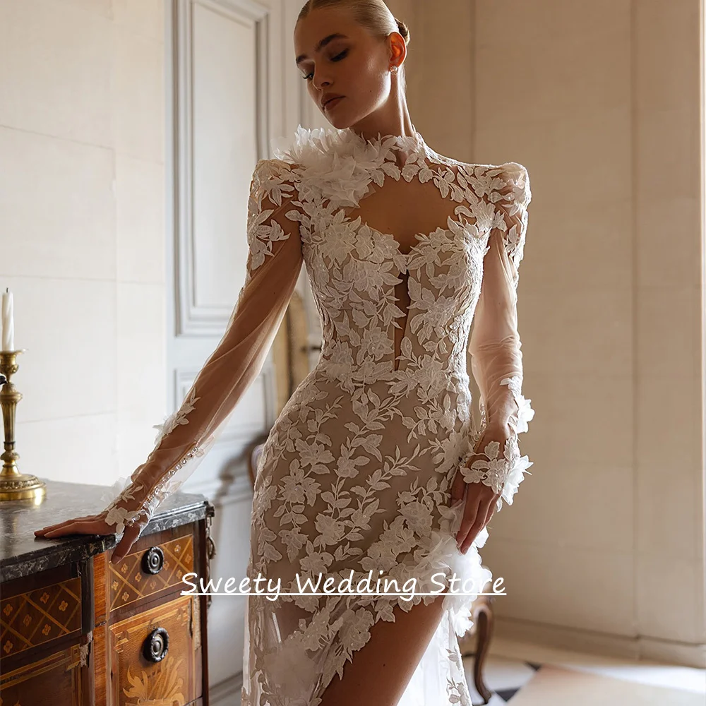 ชุดแต่งงานเซ็กซี่สำหรับเจ้าสาวหญิง ออกแบบตามสั่ง คอสูง แขนยาว แต่งลูกไม้ลายดอกไม้ ชายกระโปรงยาวแบบหางปลา ชุดเจ้าสาวแบบ Robe Mariee