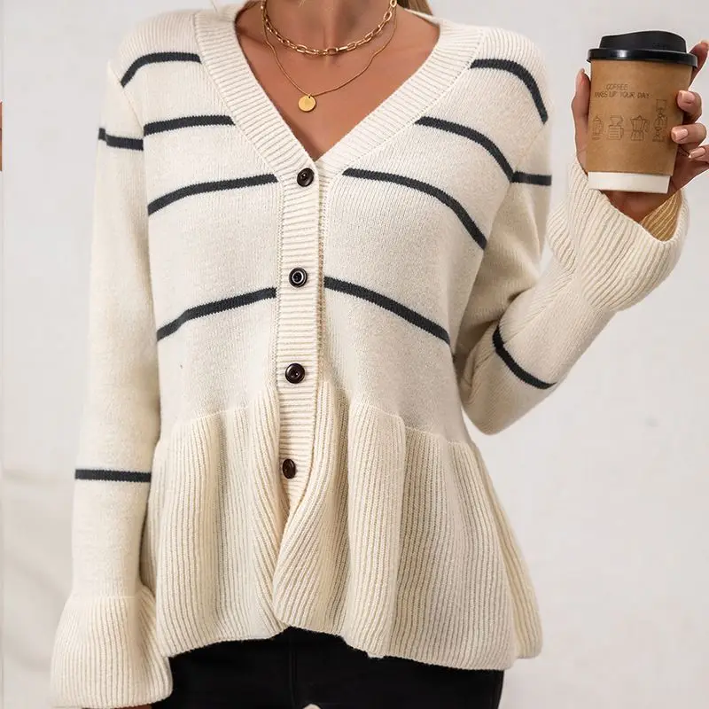 

2025 New Style V-neck Striped Lazy-Fitting Loose-Fitting Knitted Long-Sleeved Sweater