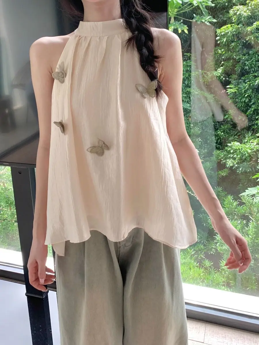 

Женский жилет с подвесным воротником в виде бабочки, летний дизайн, плиссированный топ с широкими трюфельными плечами