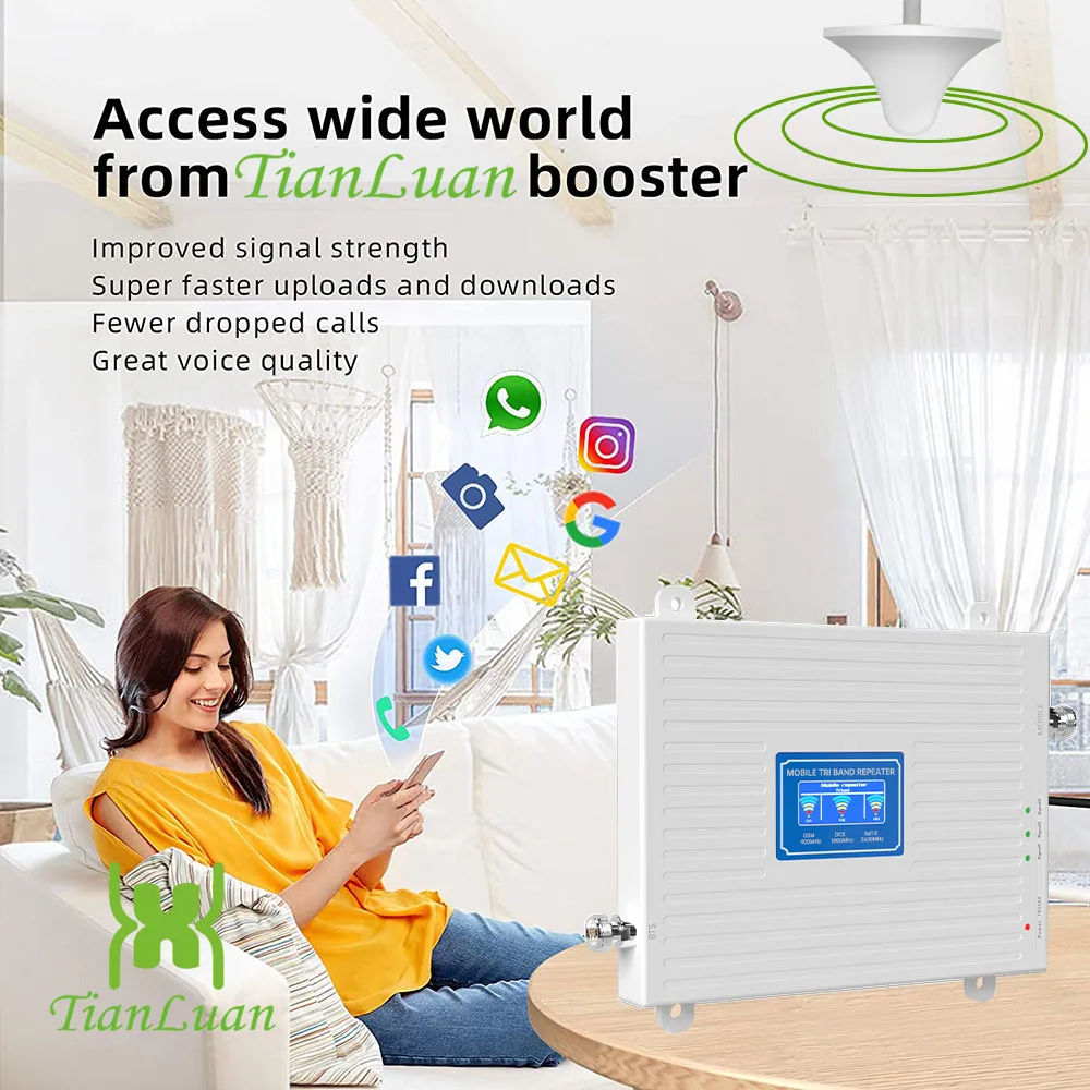 Mobile Phone Signal Booster Network 2G 3G 4G GSM 900 DCS 1800 LTE 2600 WCDMA 2100 850 MHz Cellular Tri Band 3/1/8/5/7 Repeater