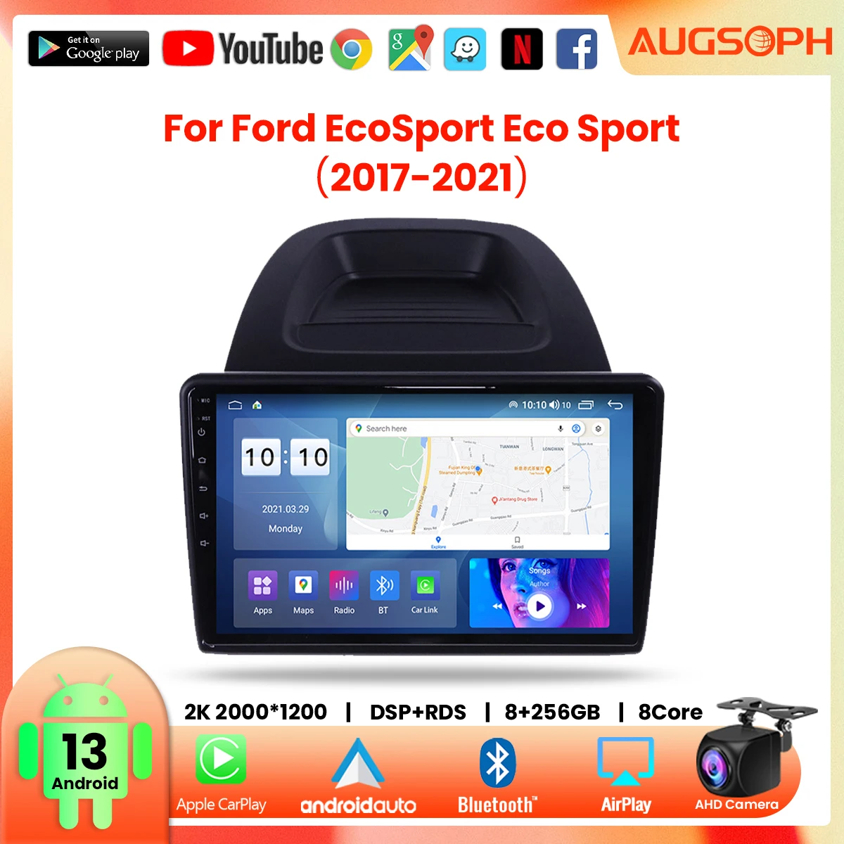 

Автомобильный радиоприемник Android 13 для Ford EcoSport 2017-2021,9 дюймов 2K мультимедийный плеер с 4G Car Carplay и 2Din GPS