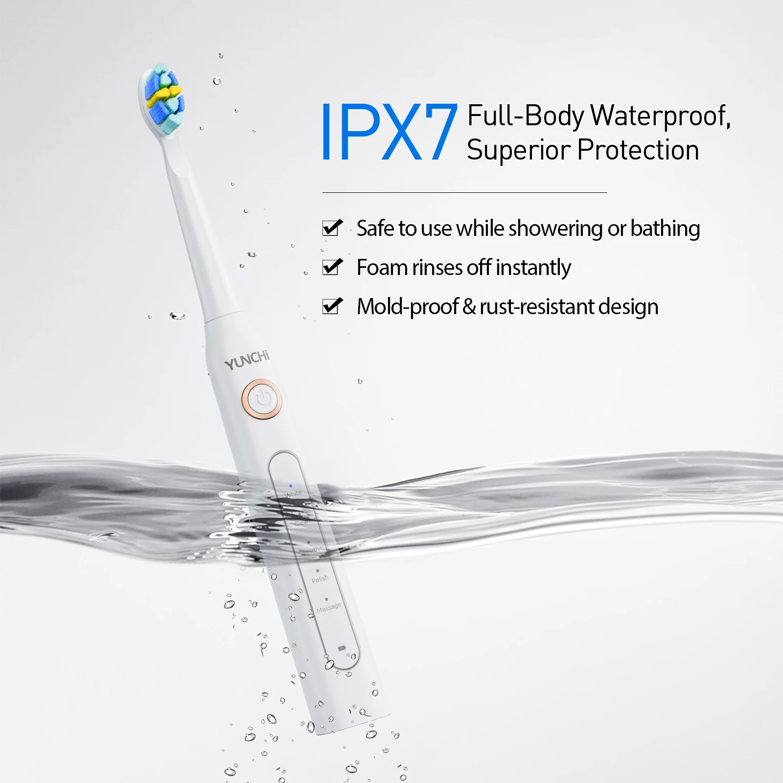 Escova de dentes elétrica ultrassônica YUNCHI com 5 modos de operação e 40000 vibrações de alta frequência. Carregamento USB, à prova d'água
