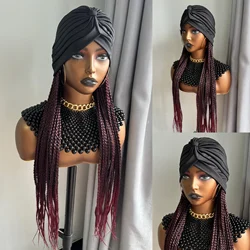 Long 24Inch Ombre Black Burgundy Braided Synthetic Wig With Black Headband Turban With Braiding Hair Extensions For Black Women