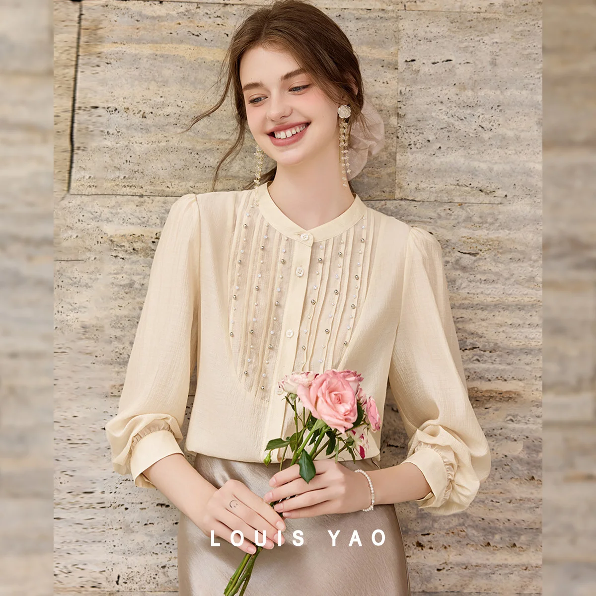 

LOUIS YAO Elegant Beaded Patchwork Blouses 2025 Autumn Lyocell Fabric Women's Shirt Long-sleeved Women's Tops