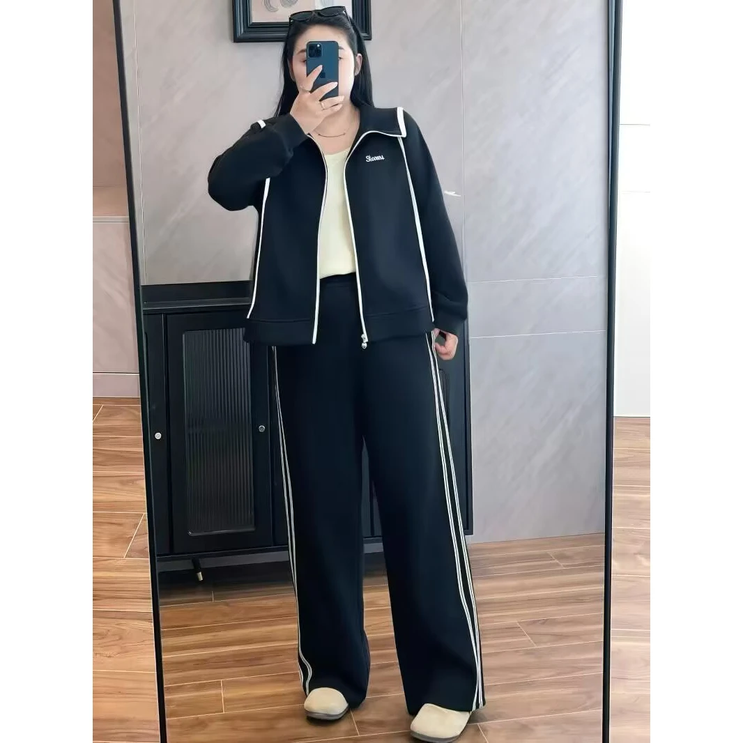 Large Size Sportswear Set for Women with Hoodie Cotton-Like Diagonal Pattern Long Pants Two-Piece Outfit Casual Sportswear