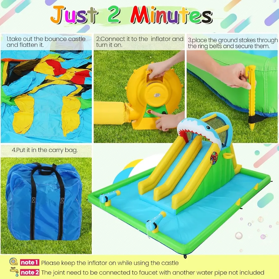 Opblaasbaar waterbouncehuis voor 3-12 jaar Shark Attack Fun Zone 8in1 speelset met dubbele waterglijbanen Ballenbak en games Ultima
