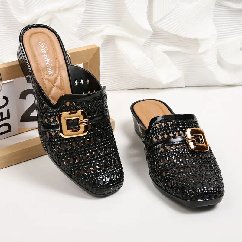 2024 New Women Hollow Out  Slippers,Summer Mid Heels,Soft Beach Shoes,Buckle Slides,Outside Footwear,BLACK,APRICOT,RED,Dropship