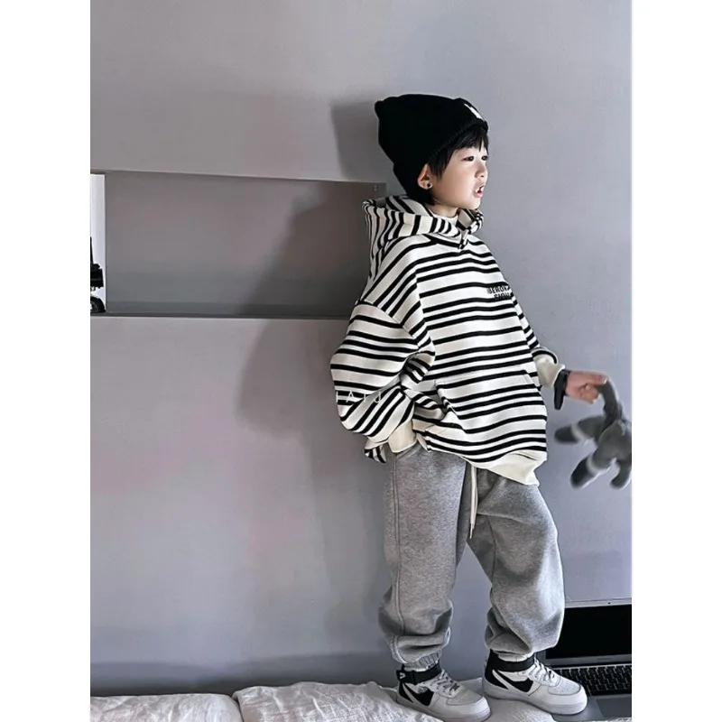 Boys\' hoodie set, children\'s hooded striped top+casual pants two-piece set, 2024 Spring and Autumn Boys Korean Fashion Clothing