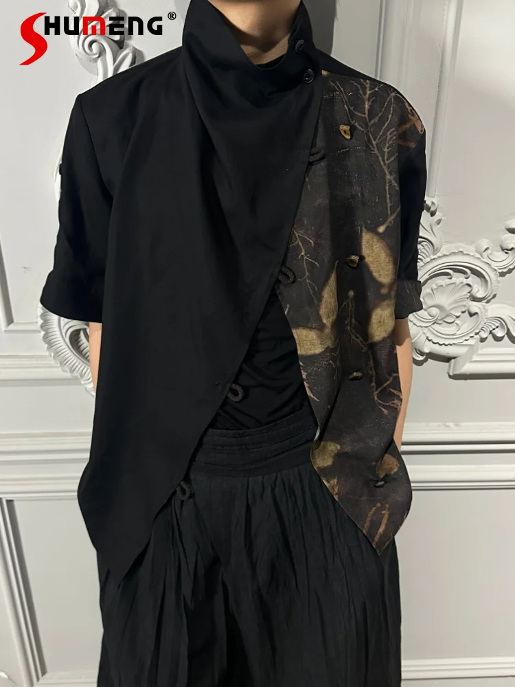 

2026 Men's Spring New Fashion Asymmetrical Splicing Printed Shirts Short-sleeve Shirts Male Handsome Stylish Color Matching Tops