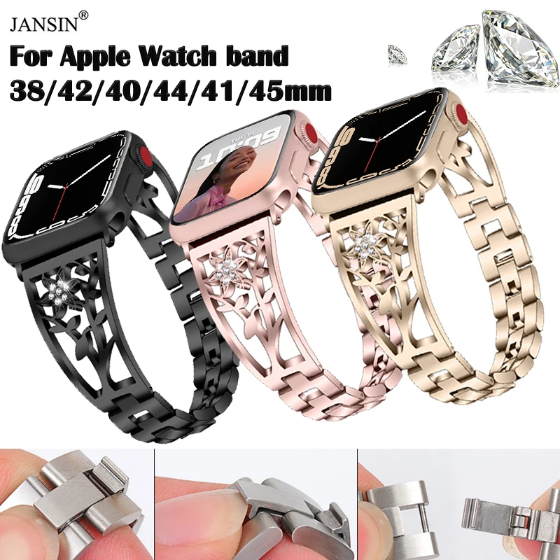 Metal Strap for Apple Watch Bnad 40mm 44mm 41mm 45mm 38/42mm Diamond Stainless Steel Bracelet for iWatch series 9 7 6 SE 5 4 3 2