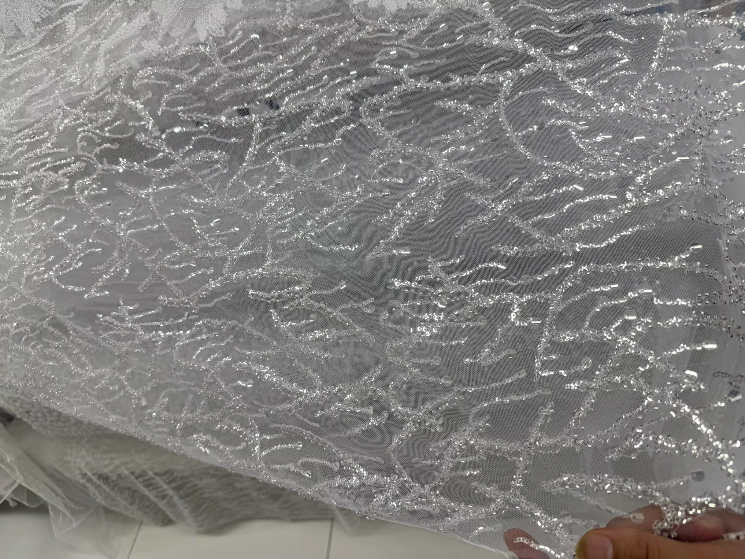 High Quality Embroidered Sequins Striped Beaded Tulle Fabric for Stage Costumes DIY Wedding Dresses Material