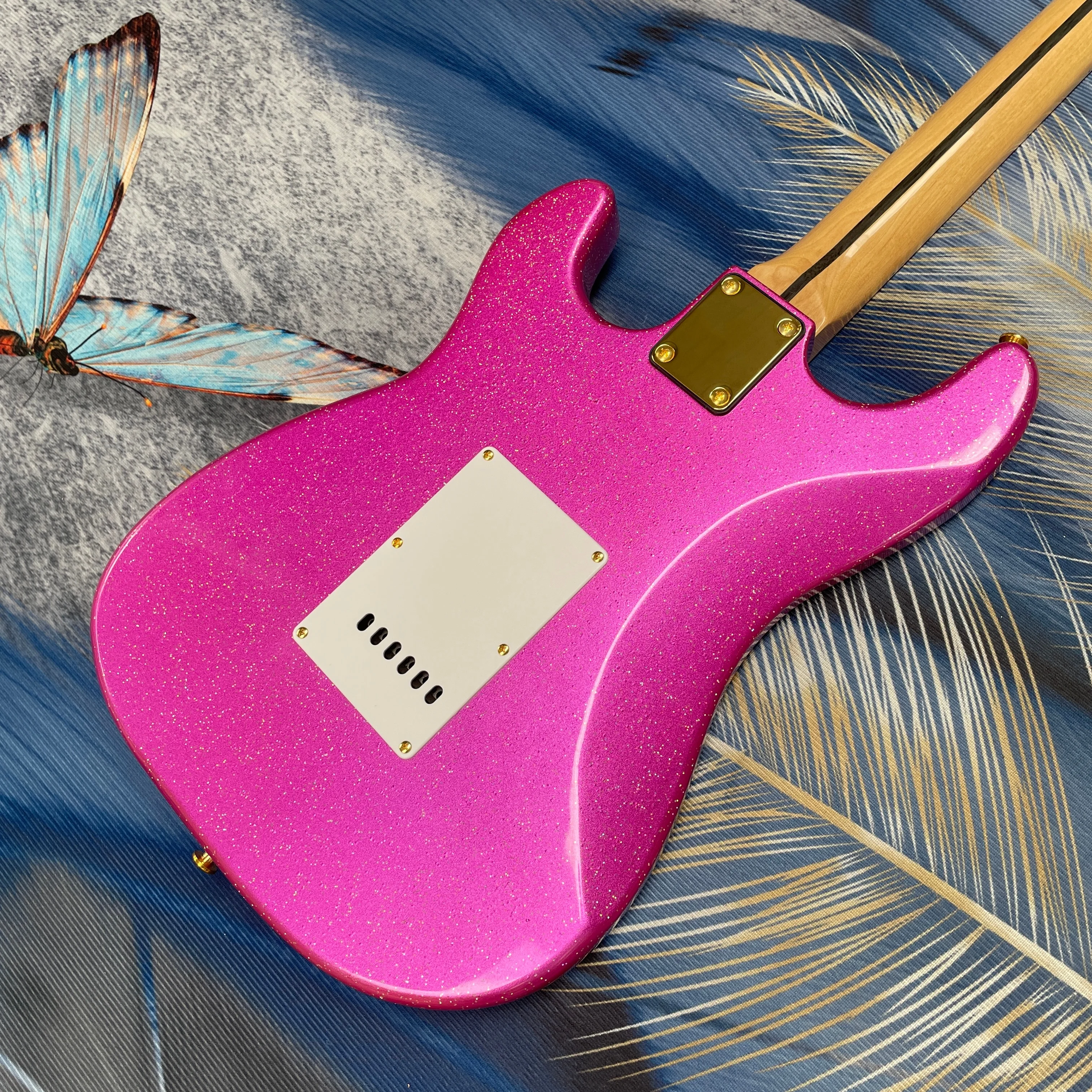 6-string flash pink large-grain electric guitar with white pickguard,SSS pickups gold hardware guitars.Rock performance guitarra view 6