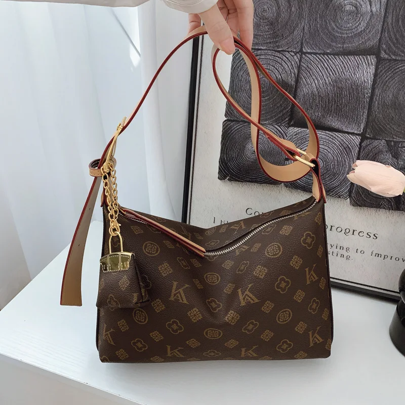 Women Vintage Monogram Hobo Shoulder Bag, Retro Printed PU Leather Underarm Crossbody Bag with Mini Lock Charm Pouch, 2 Color Av