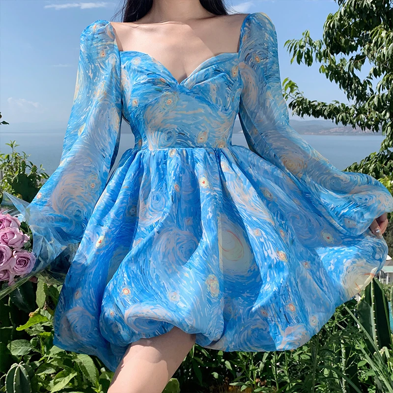 2023 Backless Van Gogh Starry Printed Women Dress  New Irregular Bubble Princess Sweet Dress Female Vintage Bandage Dress