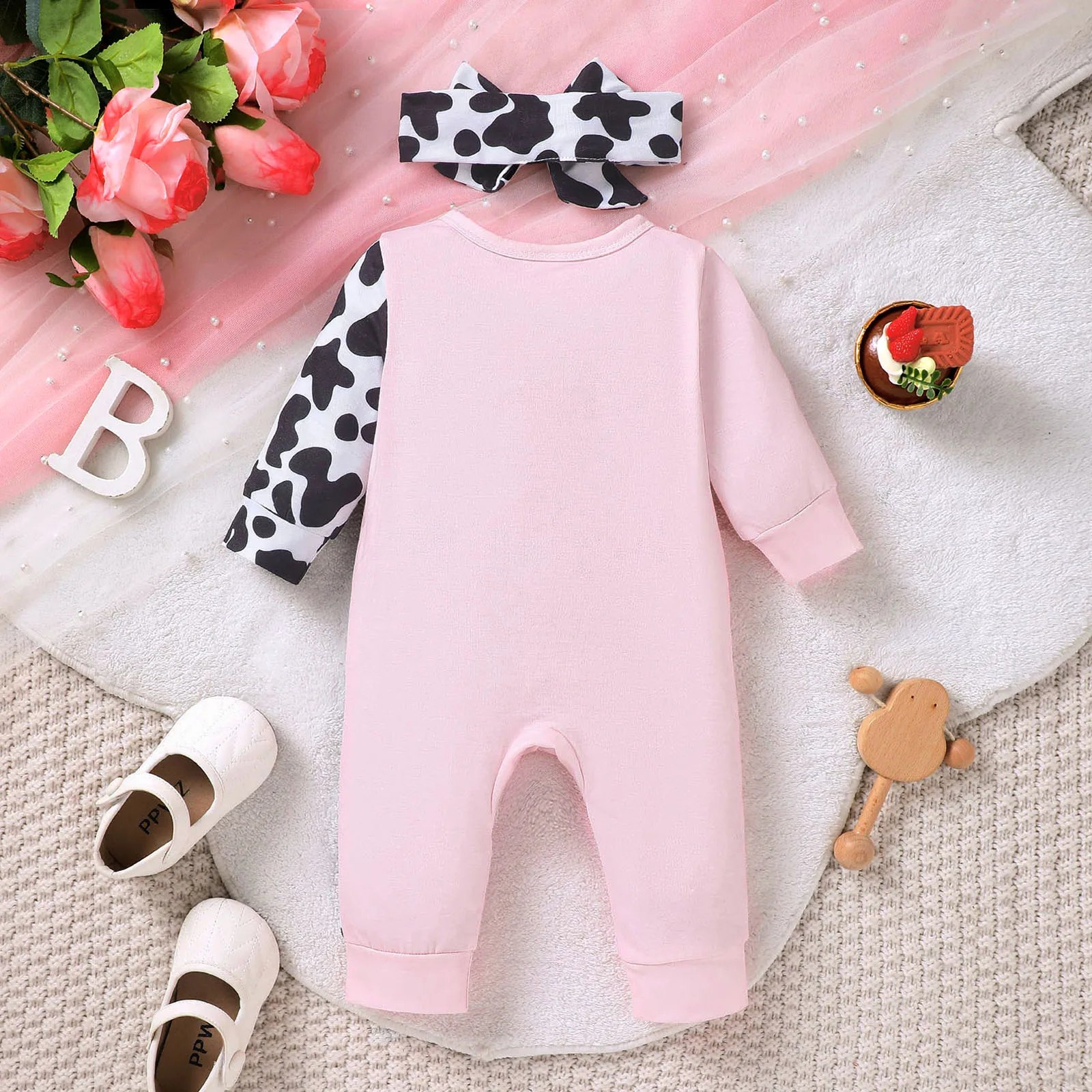 Newborn Baby Girl Jumpsuit Cartoon Small Milk Cow Ruffle Jumpsuit+Headband Suitable 0-18 Month Cute Baby Girl Daily Crawl Suit