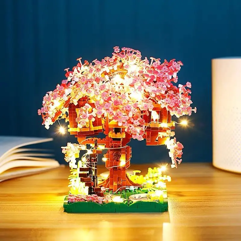 Juego de bloques de construcción modelo Sakura Treehouse para niña adulta, 2008 piezas, bricolaje, creativo, flor de cerezo, casa del árbol, regalo de decoración