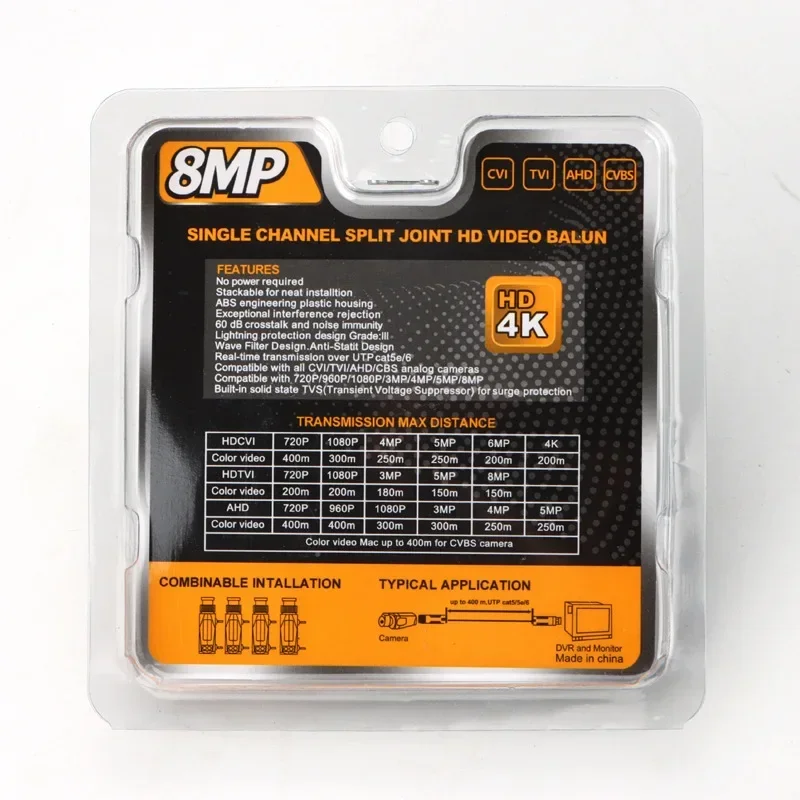 1Pairs 8MP BNC Video Balun Connector Transmission Twisted Pair Transmitter Cctv Cable Support HD 8MP AHD/CVI/TVI Camera