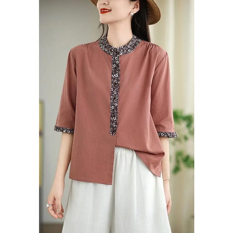 

Women's Olive Green Half Sleeve Pattern Trim Loose Fit Casual Shirt
