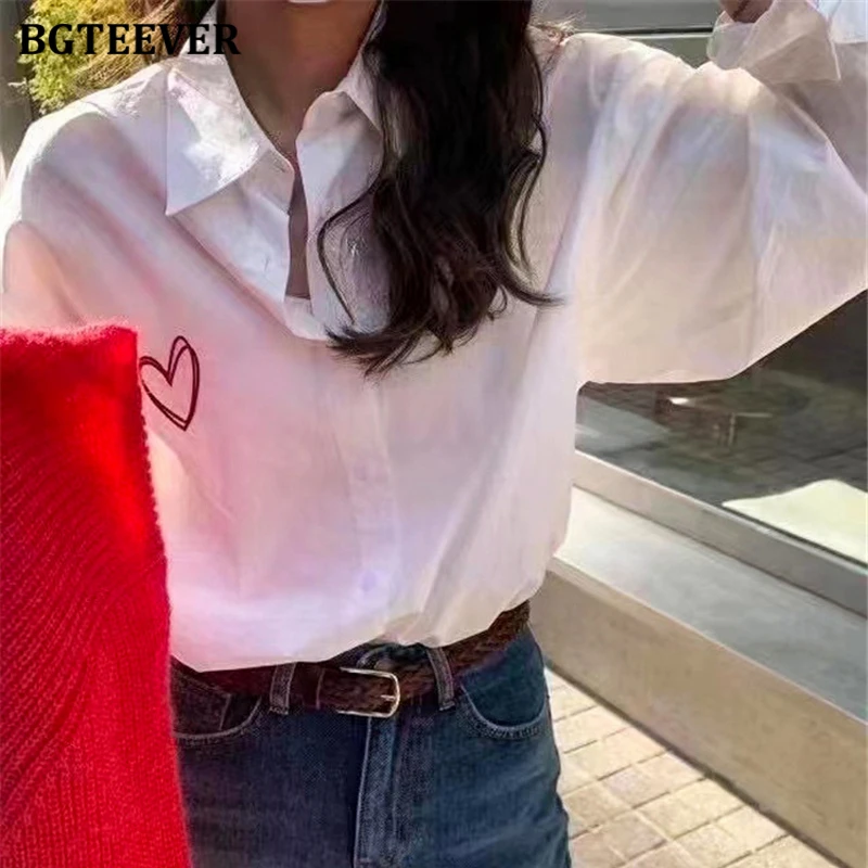 BGTEEVER Fashion Lapel Heart Embroidery Printed White Shirts for Women Full Sleeve Single-breasted Ladies Blouses Autumn