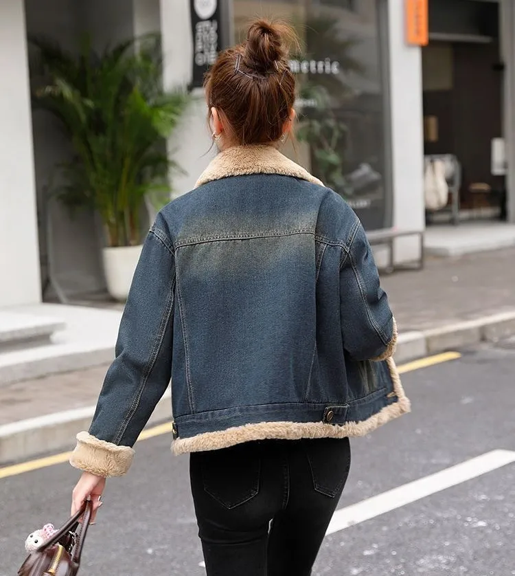 

Denim Coats Winter Fur Plush Womens Autumn Loose-Fit French Exquisite Music Festival Anti-Odor Lightweight Chic Patchwork Jacket