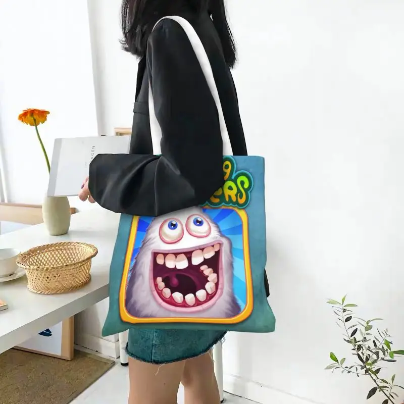 My Singing Monsters Grocery Shopping Bags Cute Printed Canvas Shopper Shoulder Tote Bags Washable Adventure Video Game Handbag