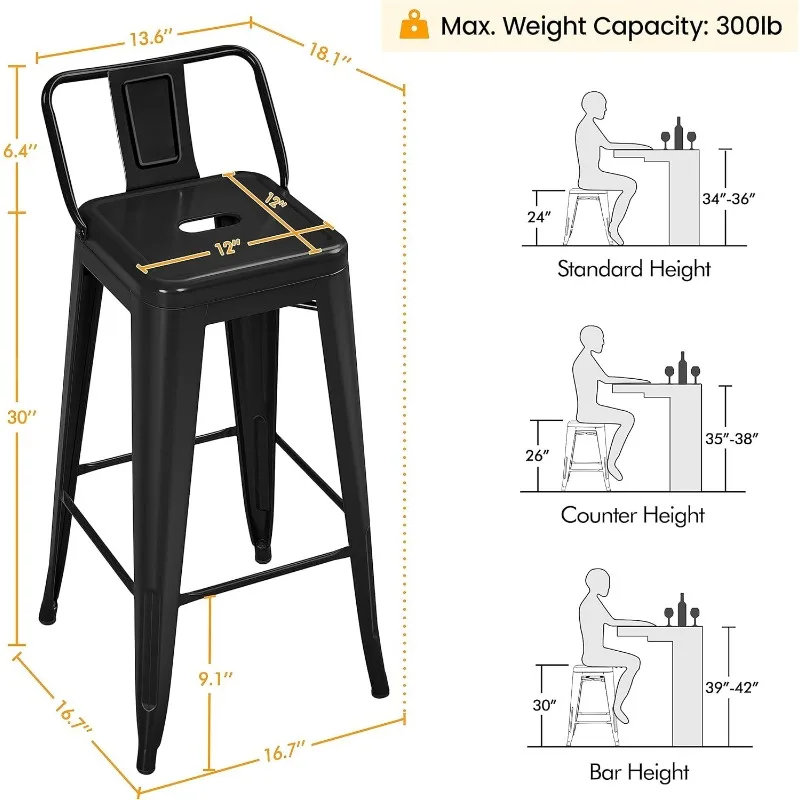 Ensemble de 4 tabourets de bar en métal de 26 pouces avec dossier bas, pour cuisine intérieure et extérieure, chaises industrielles modernes