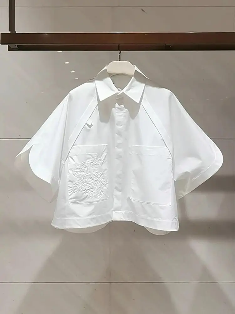 Summer Short Flip Collar Half Sleeve Embroidered Short Sleeve Loose White Bat Sleeve White Shirt For Women