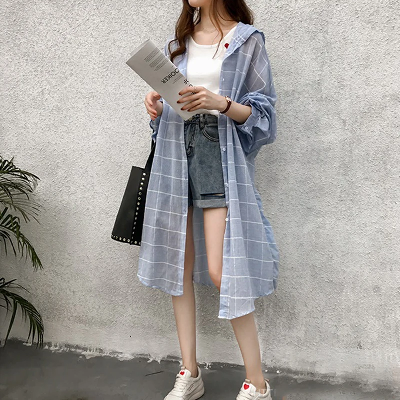 Women Blouse Vintage Plaid Print Hooded Shirt Loose Single-breasted Cotton Long Sleeve Sun Protection