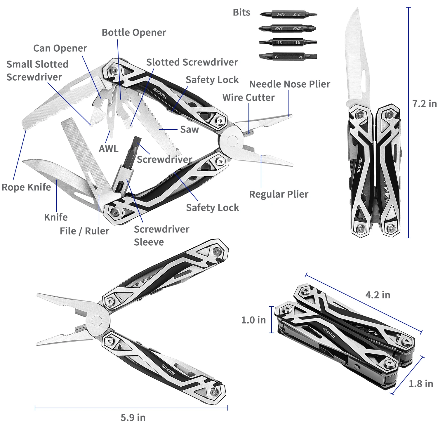 ROCKTOL Multitool, 21-in-1 Multitool Pliers with Hard Stainless Steel Spring-loaded Pliers, Safety Locking Toolset and Nylon She