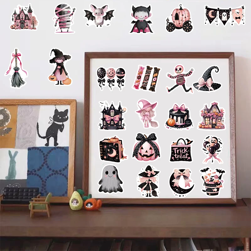 50 قطعة من ملصقات الهالوين اللطيفة باللون الأسود والوردي والدراجة القوطية المقاومة للماء للأمتعة والقهوة والظلام وملصقات الهاتف المحمول #5