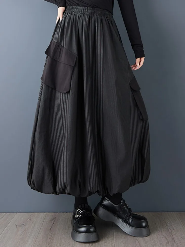 Oversized Spring Fall Midi Striped Skirt Women Fashion Ladies Casual Loose High Waist Woman Black Dark Academia Skirts
