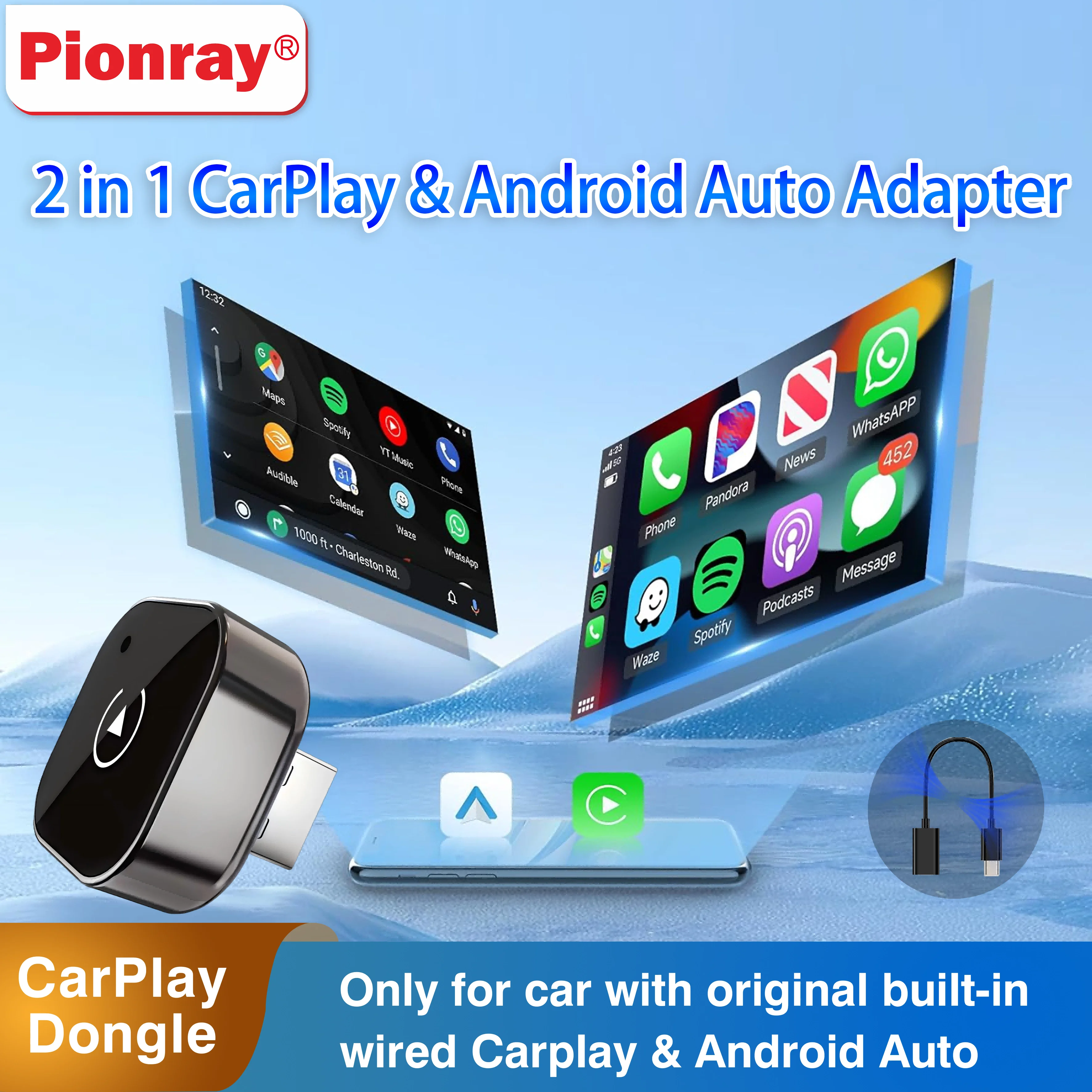 New Pionray Upgraded Wireless Carplay Adapter for iPhone Stable Transmission & No Delay Convert Wired to Wireless