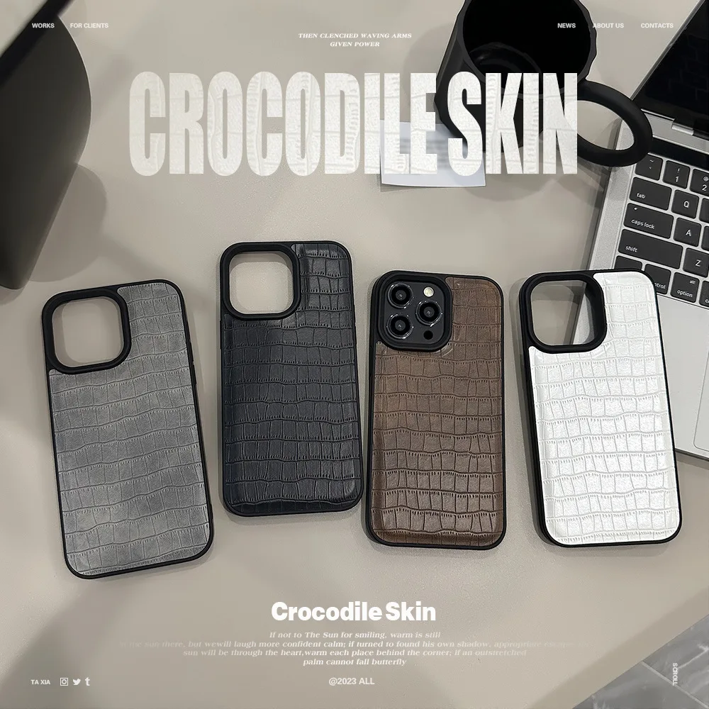 Luxuriöse einfarbige Handyhülle aus Krokodilleder mit Textur für iPhone 17, Air 16, 15, 14, 13, 12, 11, Pro Max, stoßfeste Stoßstangenabdeckung