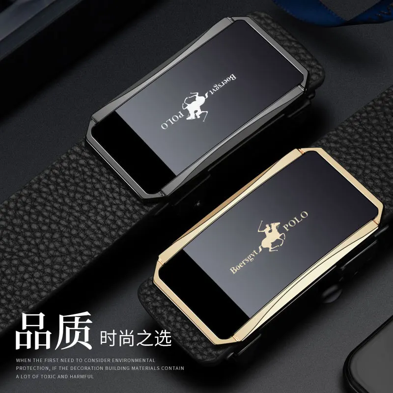 Ремень из натуральной воловьей кожи первого слоя 2025 — беззубый узор личи, автоматический, без отверстий, регулируемый для деловых повседневных брюк