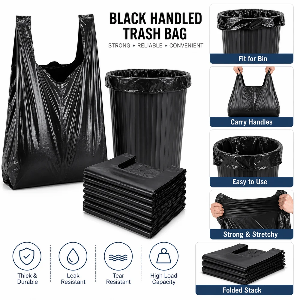 New Black Handled Trash Bags 50 PCS Pack Multi-Purpose Plastic Vest Bags Disposable Supermarket Shopping Bags Moving Supplies
