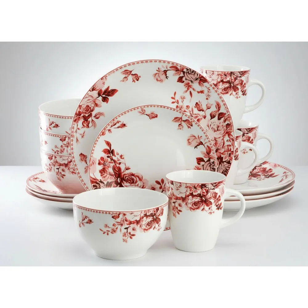 

Traditional Rose 16-Piece Stone Dinnerware Set for 4, Dishwasher & Microwave Safe, Elegant Floral Design