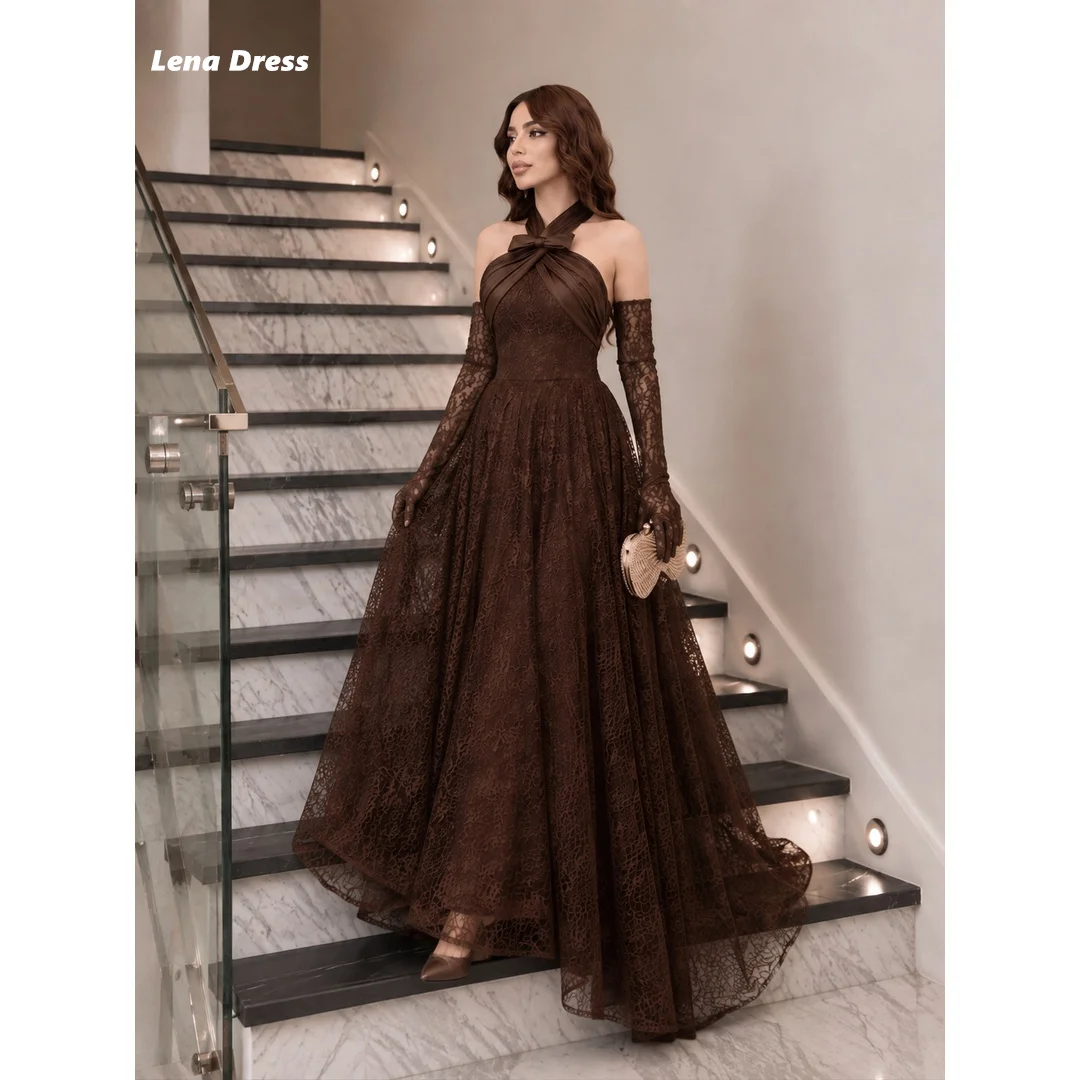 Lena Long Sleeved Elegant Womens Evening Party Dresses for Special Occasions Embroidered Lace Brown Women's Evening Dress A-line