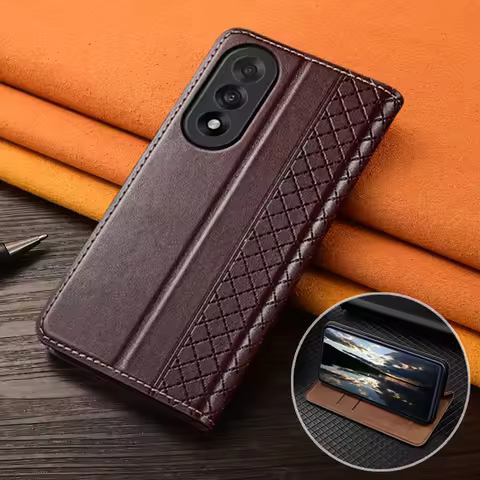 For OnePlus Nord 5 CE5 5G Flip Case Grid Pattern Magnetic Cover Luxury Cowhide Genuine Leather Card Pocket Wallet Cases Covers