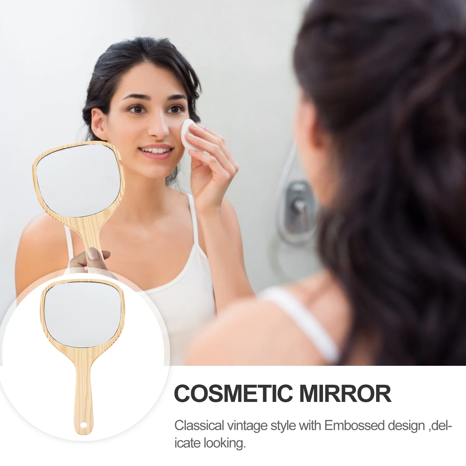 

1pc Handheld Makeup Clear Vintage Design Handheld for Wood Mirror Wall Hanging Handle Mirror Daily Use Beauty Tools