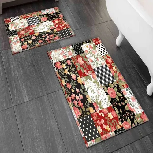 Else Carpet Else Black Pink Patchwork Flowers 2'li Toilet Seat Pad Bath Mat Set Mat