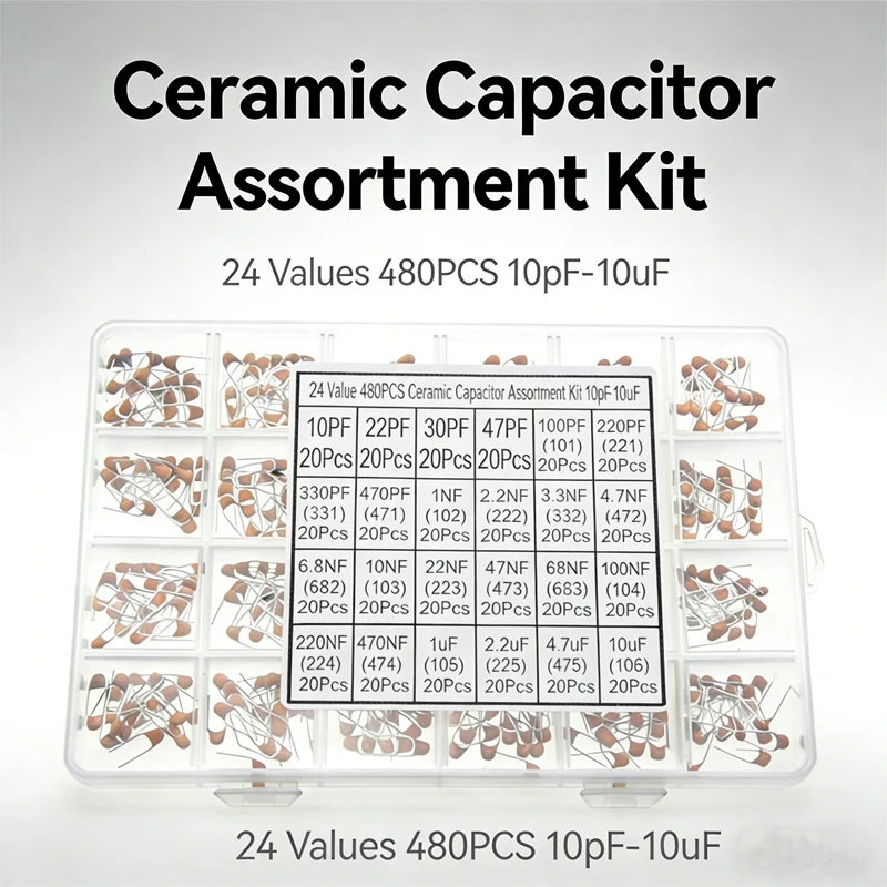 

480pcs Ceramic Capacitor Assortment Kit 24 Values 10pF-10uF for Guitar & Electronic Projects