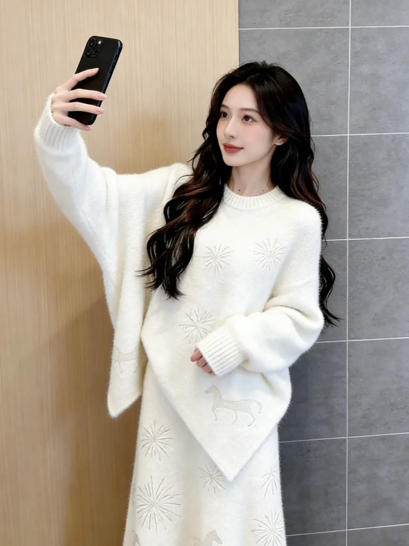 

Stunning Winter Faion Korean Sle Long Sve Knitted Sweater And Skirt Set Ele Ladylike Timel Beau Youthful OOTD