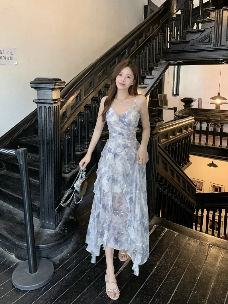 

Vintage Print Dress for Women Sling Sleeveless Slim Flounce Chiffon Casual Korean Long Dresses Y2k Bohemian Maxi Vestido