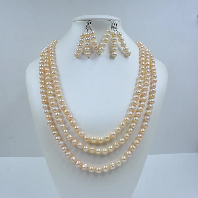3-Row 6MM Natural Pink Freshwater Pearl Necklace Earring Set. Accompanying Love, Bridal Wedding Jewelry