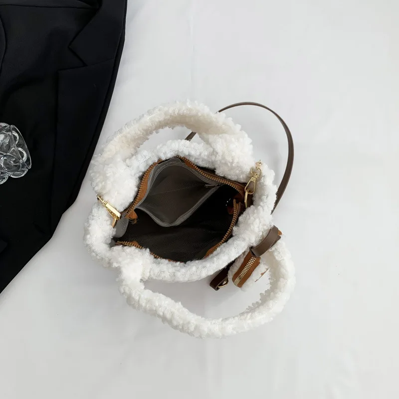 Handbag Bucket Bag Artificial Lamb Down Suede Bag for Women High-grade Sense Stitching Style Shoulder Trendy Crossbody All-match