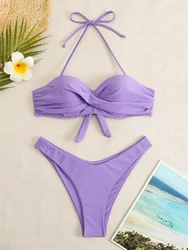 Bikini brasileño de dos piezas para mujer, traje de baño liso con realce, cintura alta, brasileño, para playa, 2024