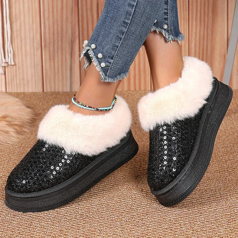 

2024 Platform Ankle Boots for Glitter Bling Snow Boot Women Warm Fluffy Thick Sole Short Boots Winter New Soft Plush Woman Shoes