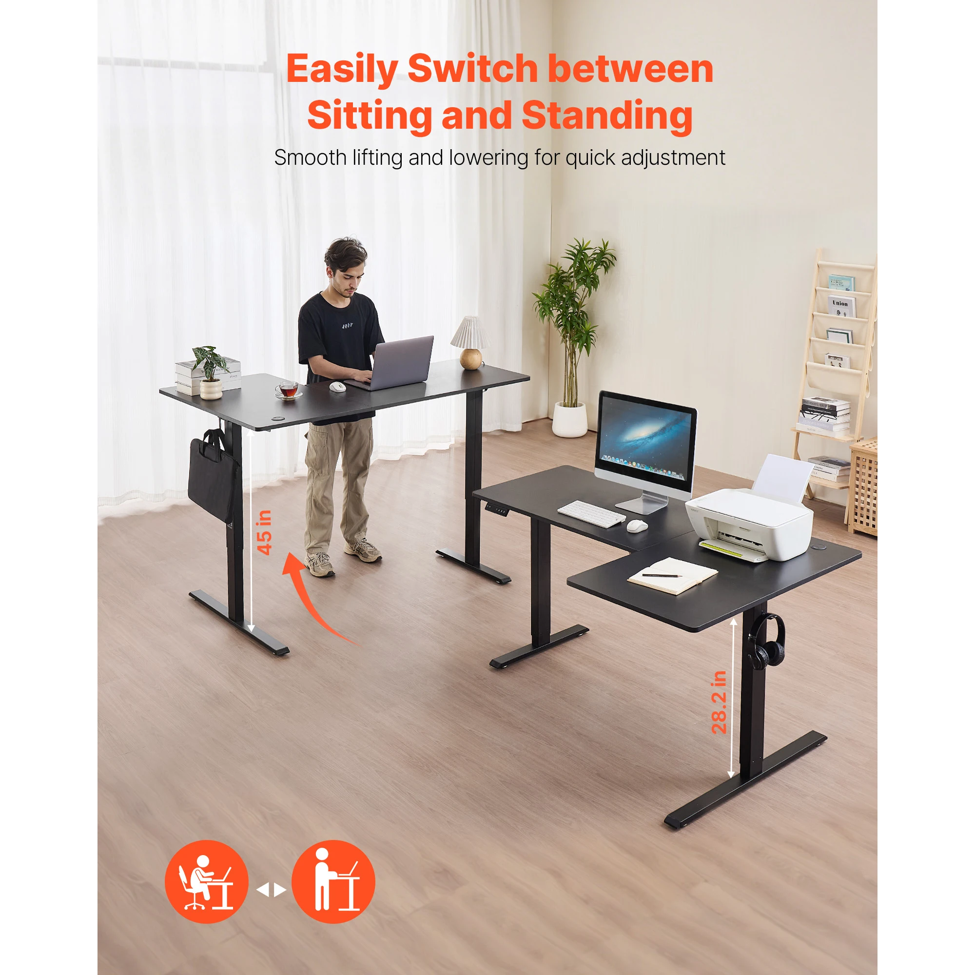 L Shaped Desk, Electric Adjustable Height Corner Gaming Desk with Dual Hooks, Heavy-Duty Carbon Steel L-Shaped Computer Table with Power Strip for Home, Office, Dorm, Easy to Assemble, Black